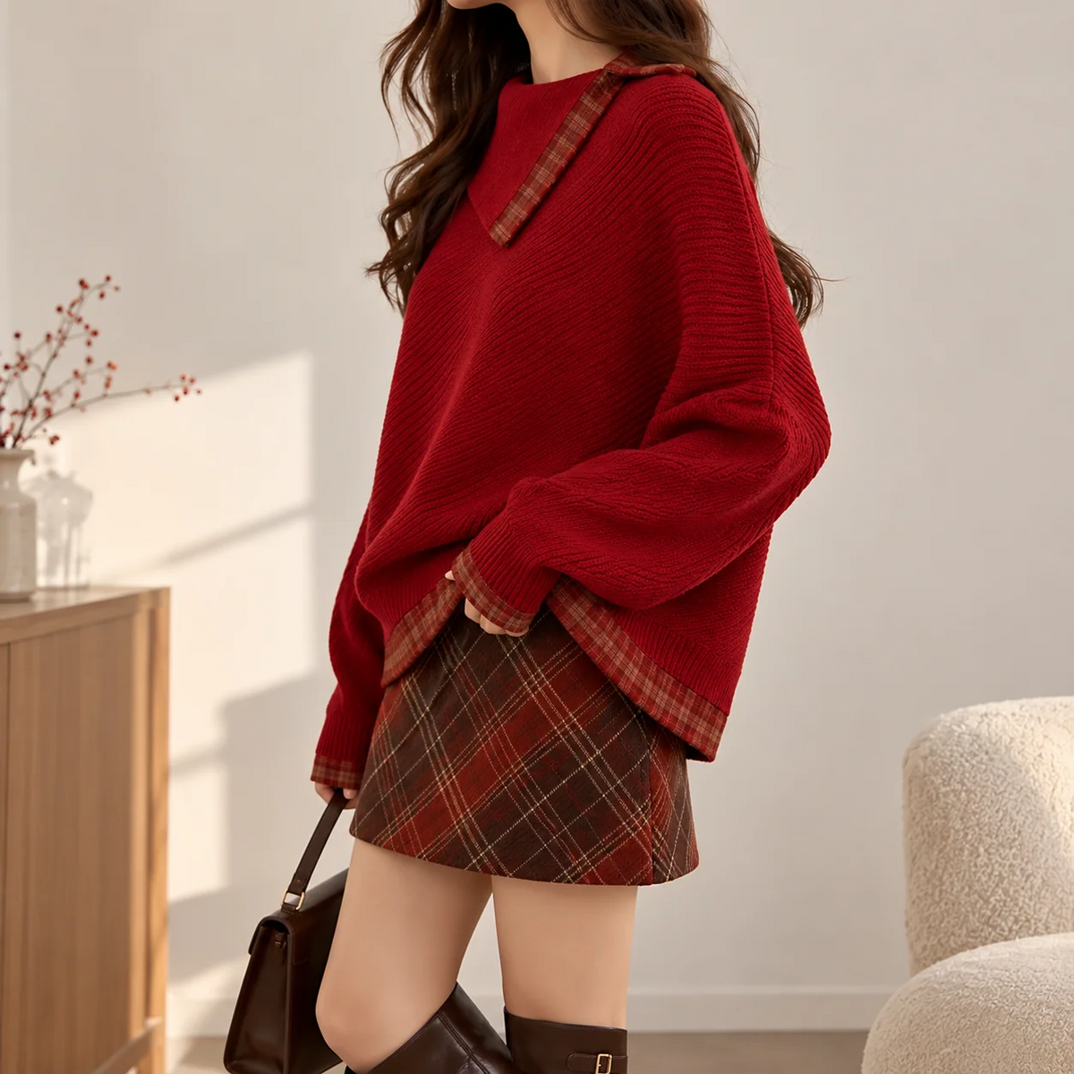 Asymmetric Collar Knit Sweater With Plaid Trim