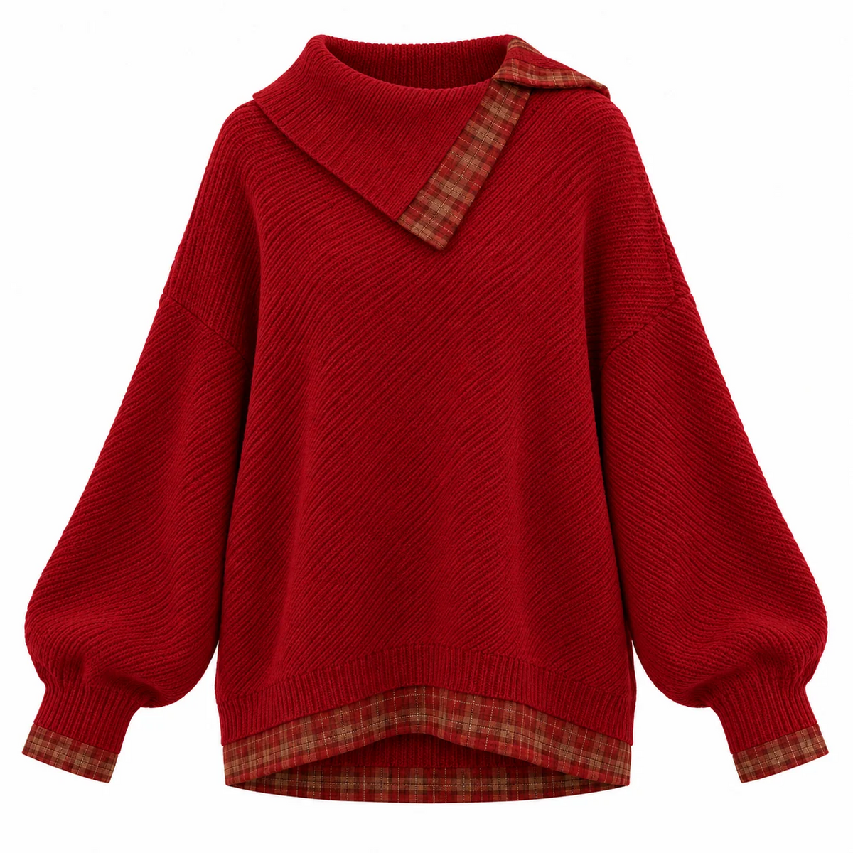 Asymmetric Collar Knit Sweater With Plaid Trim