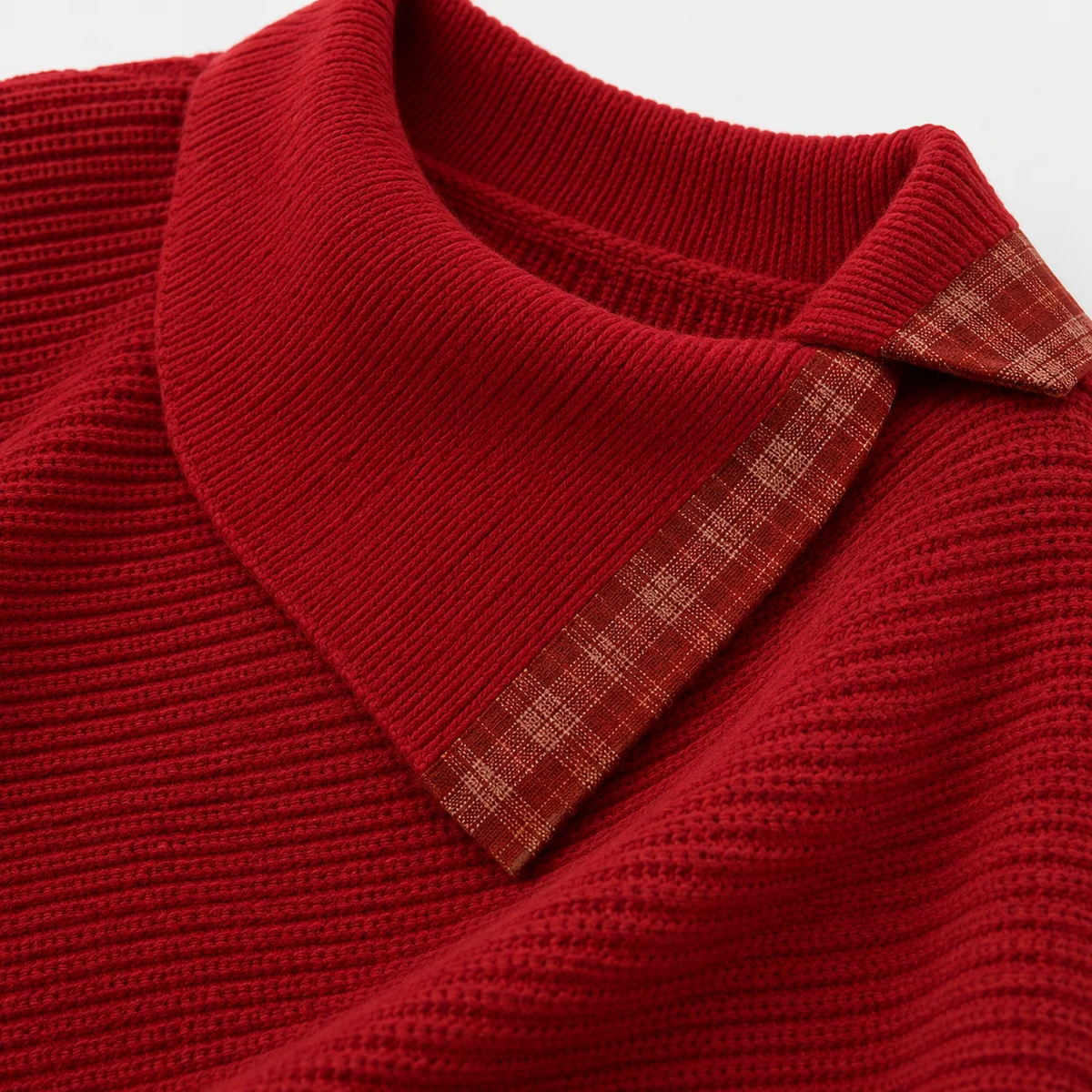Asymmetric Collar Knit Sweater With Plaid Trim