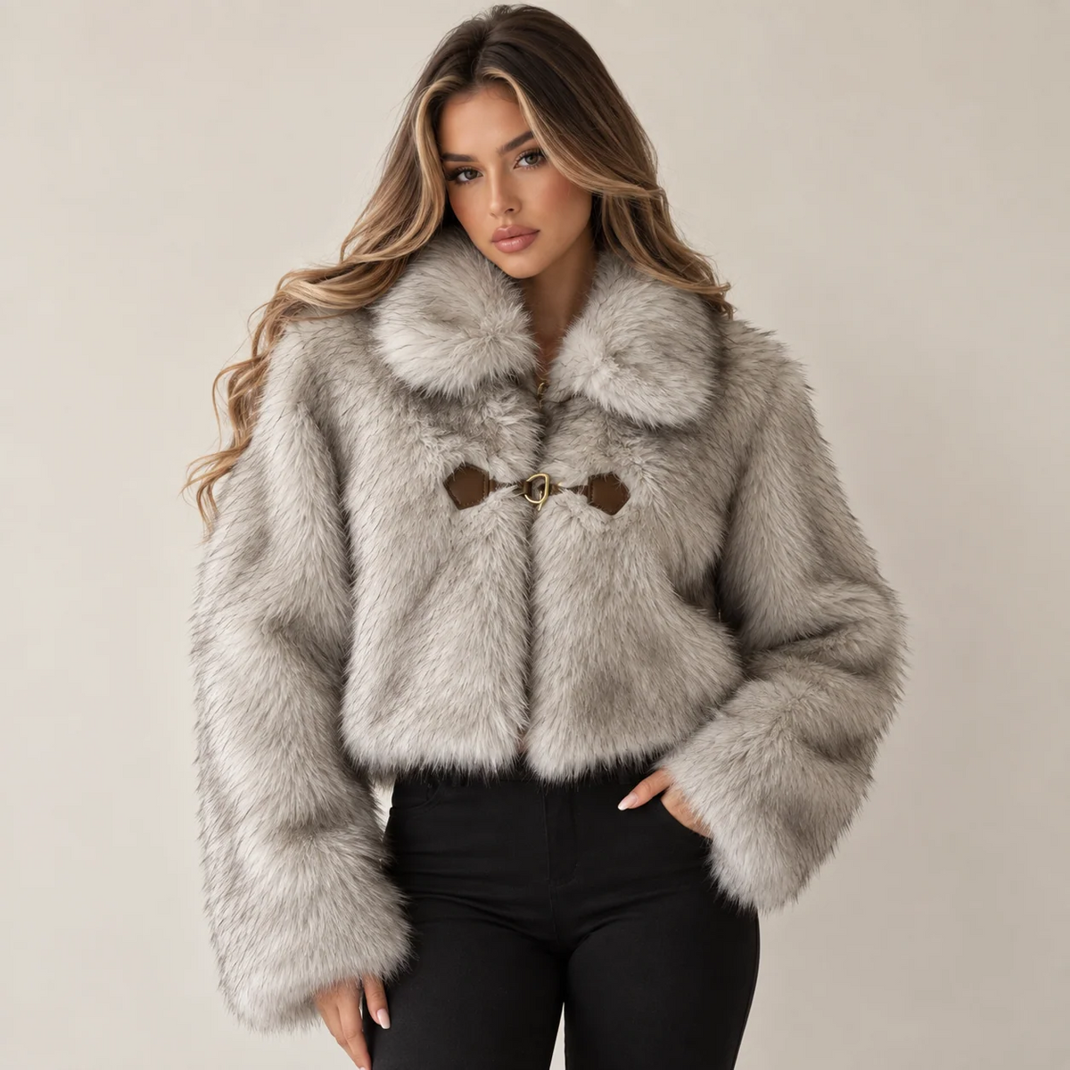 Cropped Lapel Faux Fur Jacket With Toggle Buckle Closure