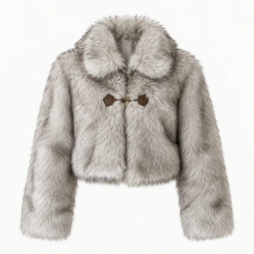 Cropped Lapel Faux Fur Jacket With Toggle Buckle Closure