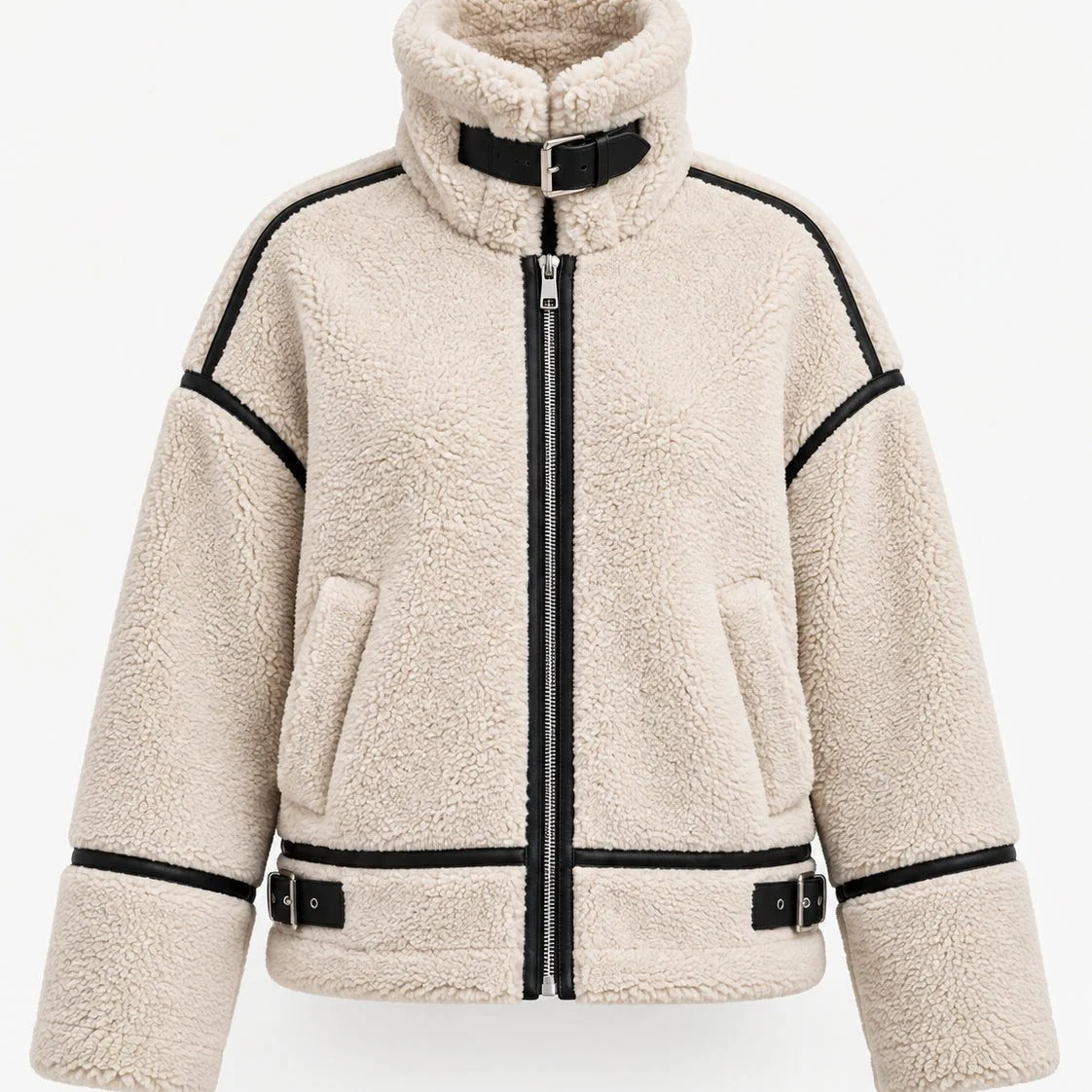 Fleece Stand Collar Biker Jacket With Contrast Trim