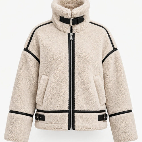 Fleece Stand Collar Biker Jacket With Contrast Trim