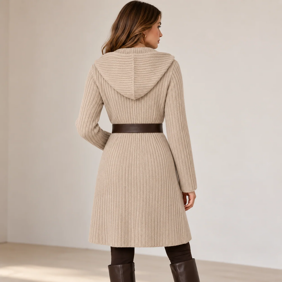 Hooded Ribbed Knit Sweater Dress With Matching Belt
