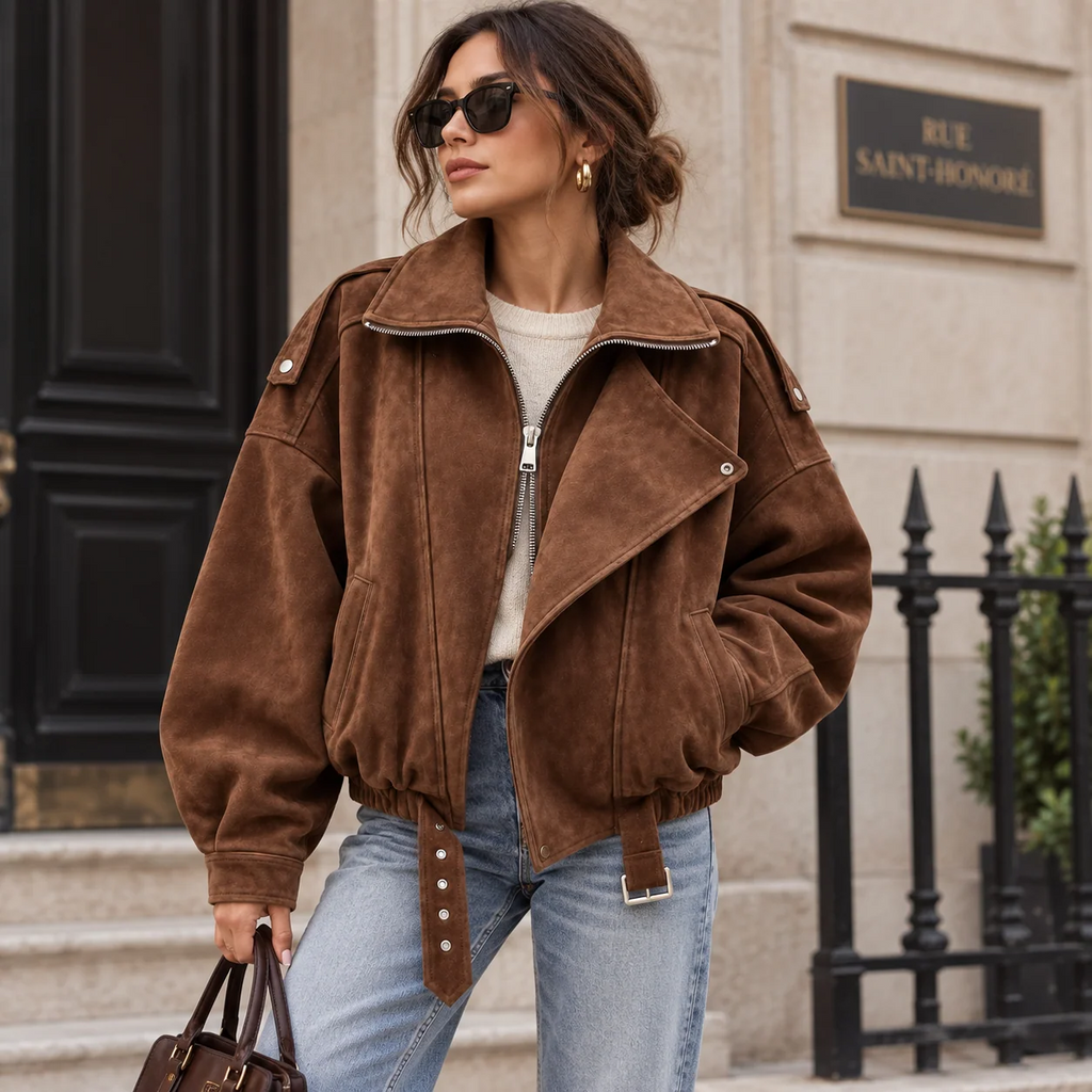 Oversized Lapel Faux Suede Bomber Jacket With Belt