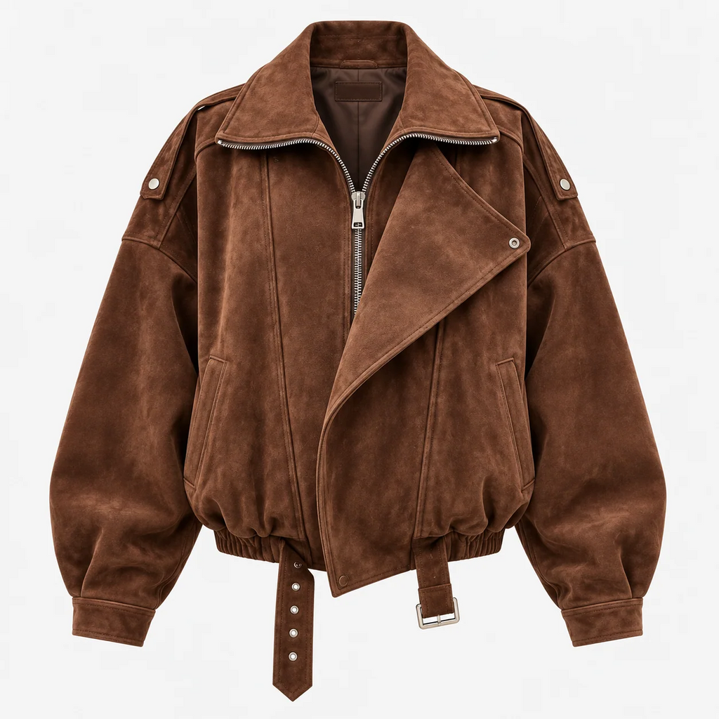 Oversized Lapel Faux Suede Bomber Jacket With Belt
