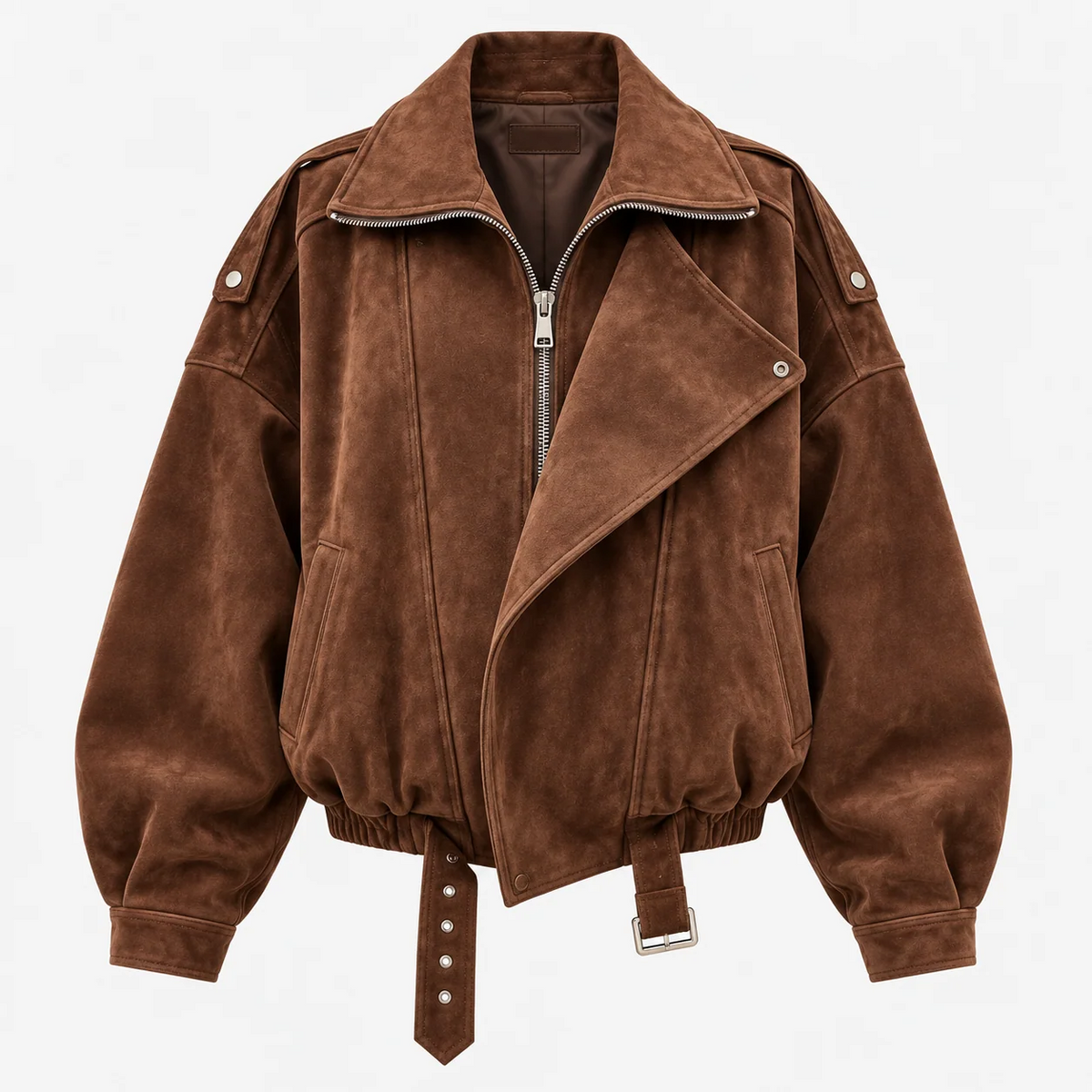 Oversized Lapel Faux Suede Bomber Jacket With Belt