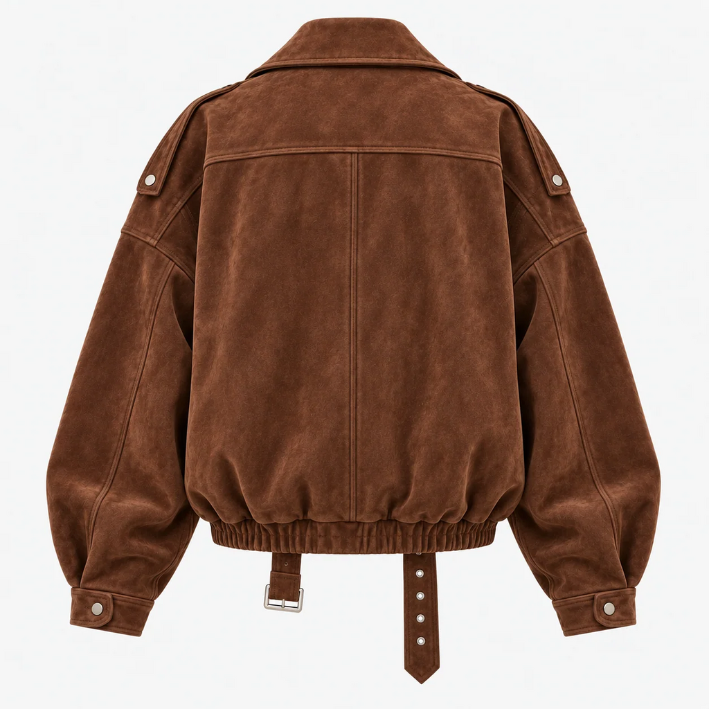 Oversized Lapel Faux Suede Bomber Jacket With Belt