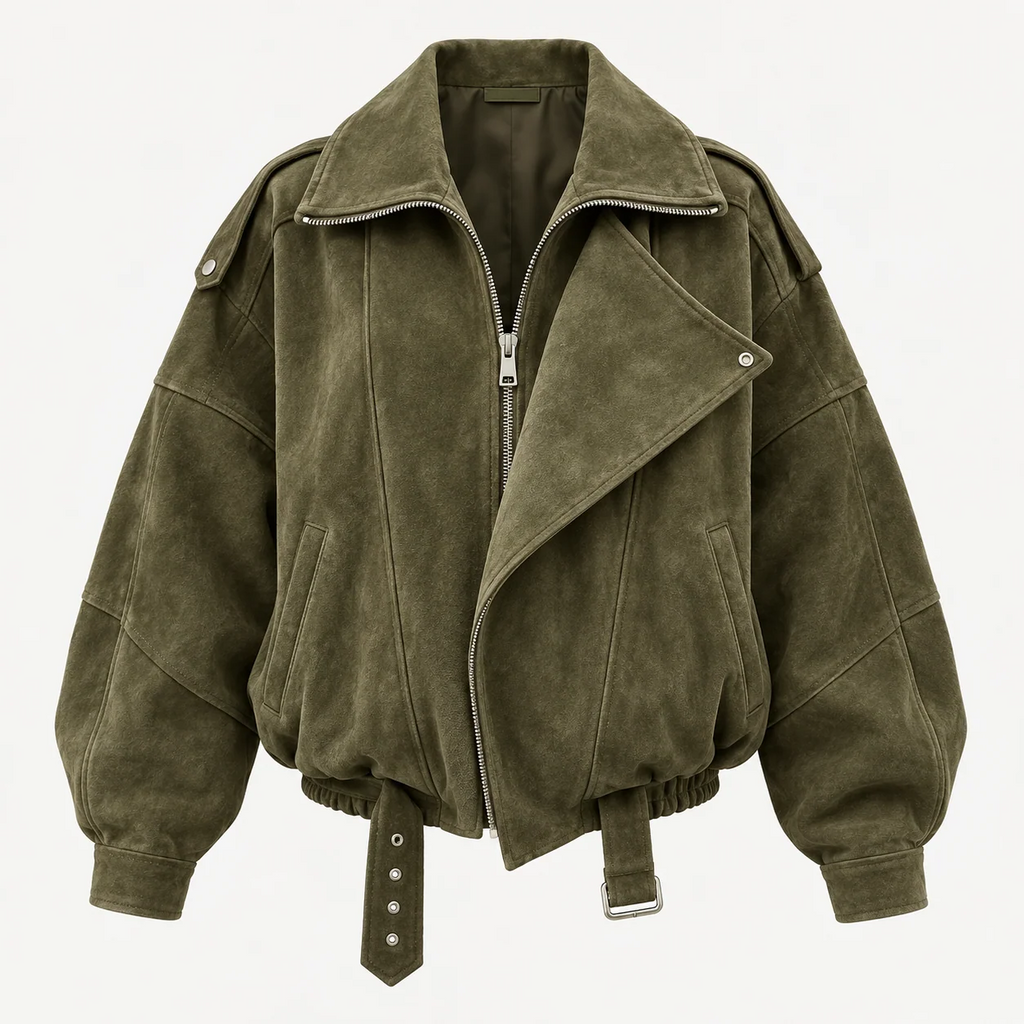 Oversized Lapel Faux Suede Bomber Jacket With Belt