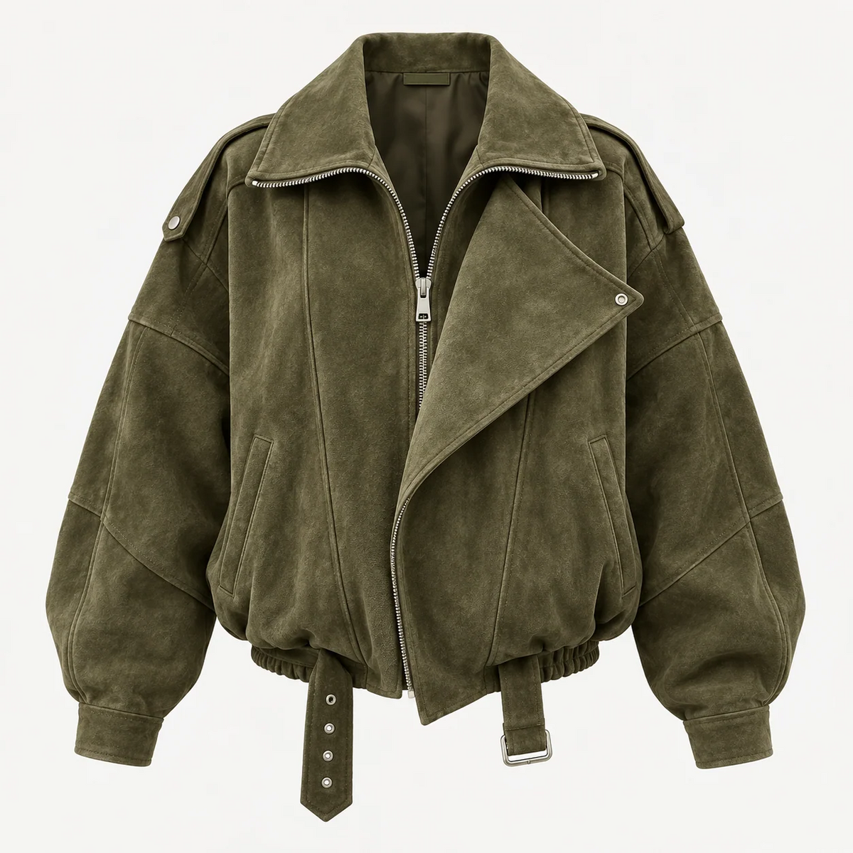 Oversized Lapel Faux Suede Bomber Jacket With Belt