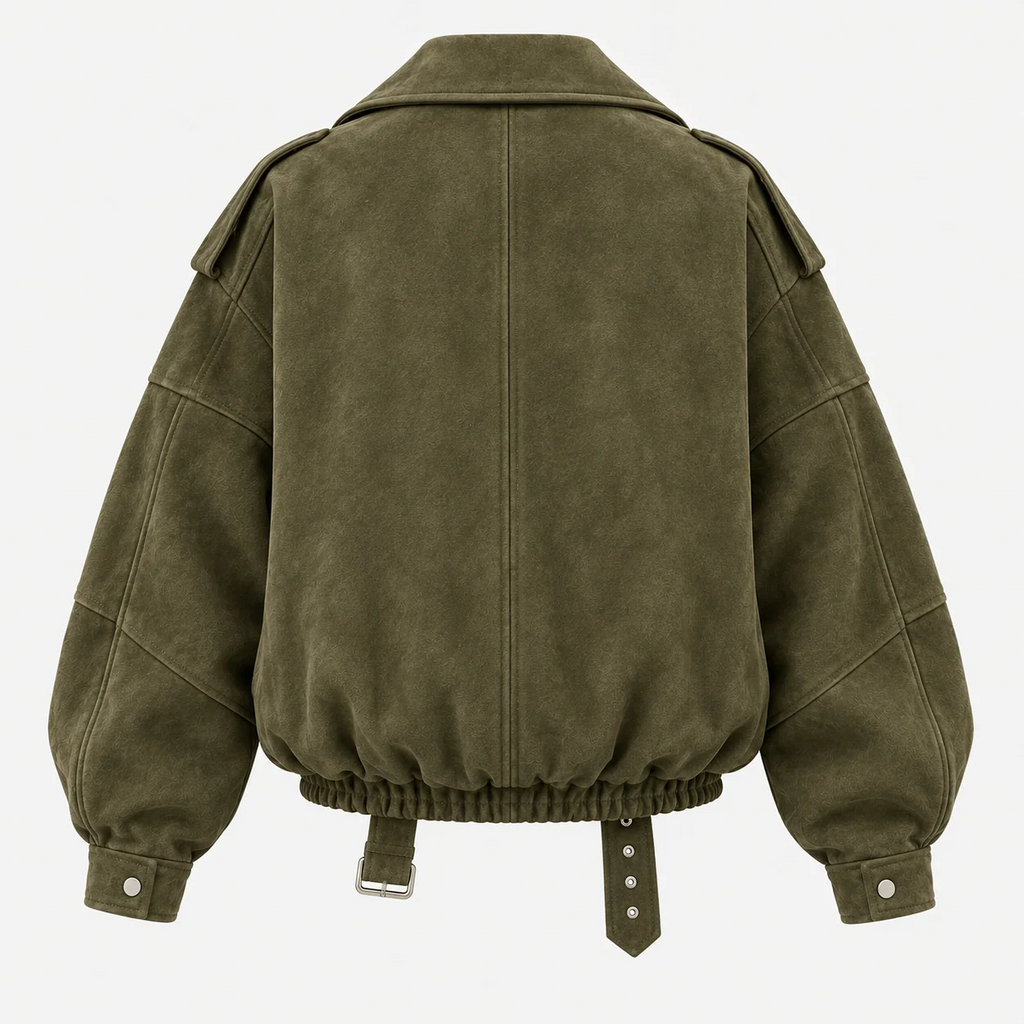 Oversized Lapel Faux Suede Bomber Jacket With Belt