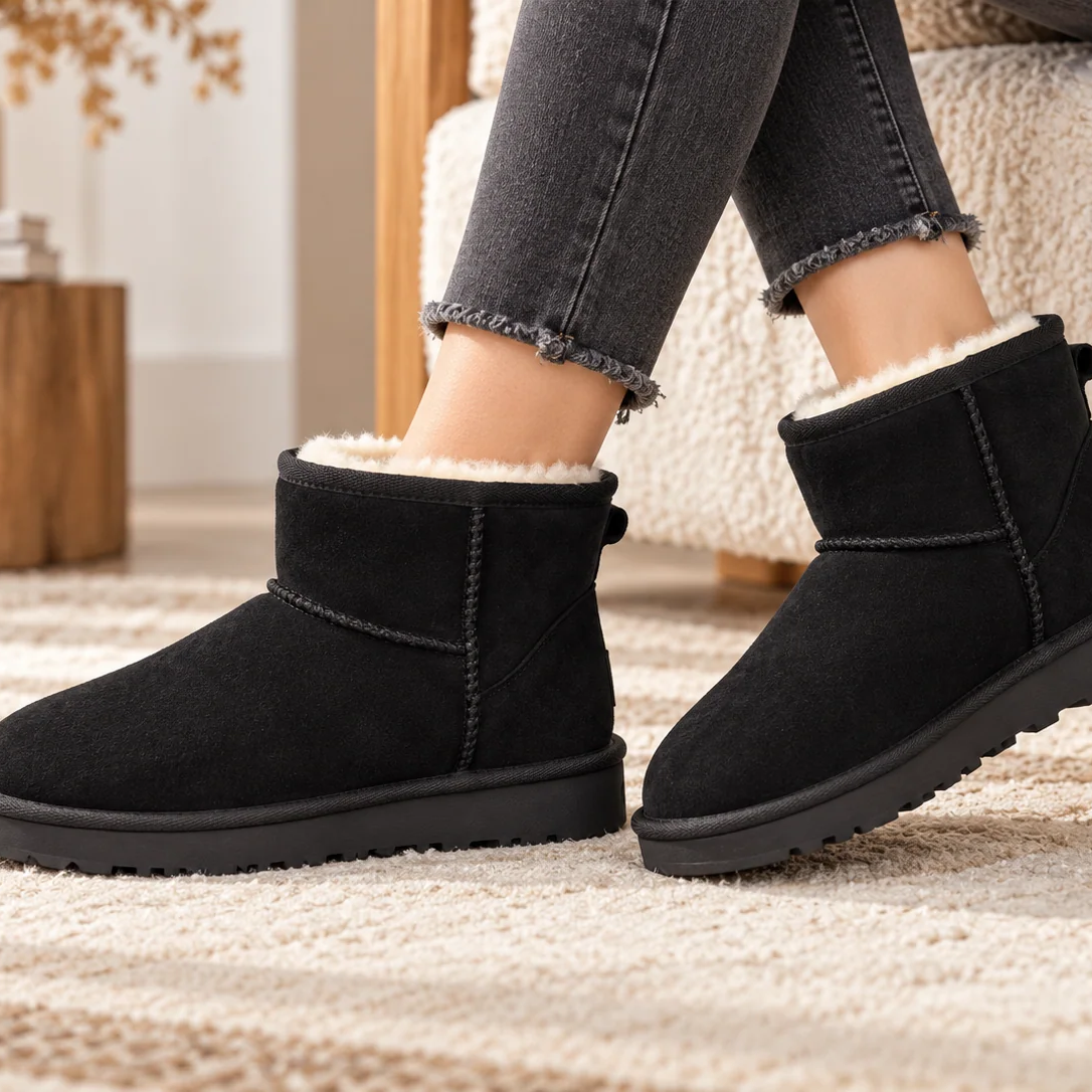 Round Toe Sheepskin Lined Short Ankle Snow Boots