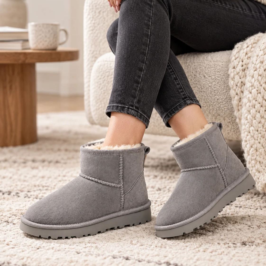 Round Toe Sheepskin Lined Short Ankle Snow Boots