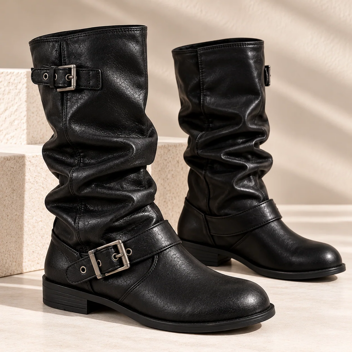 Slouchy Buckle Strap Round Toe Low Heel Mid-Calf Boots