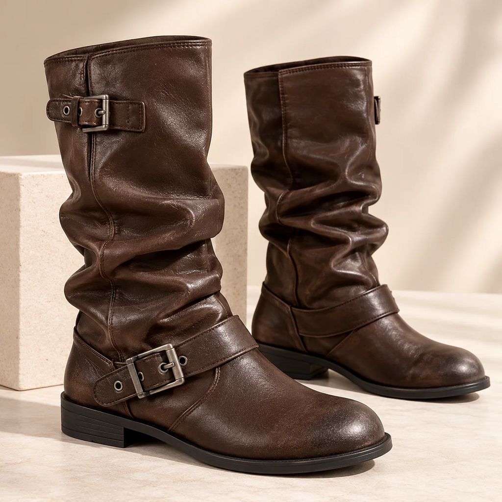 Slouchy Buckle Strap Round Toe Low Heel Mid-Calf Boots