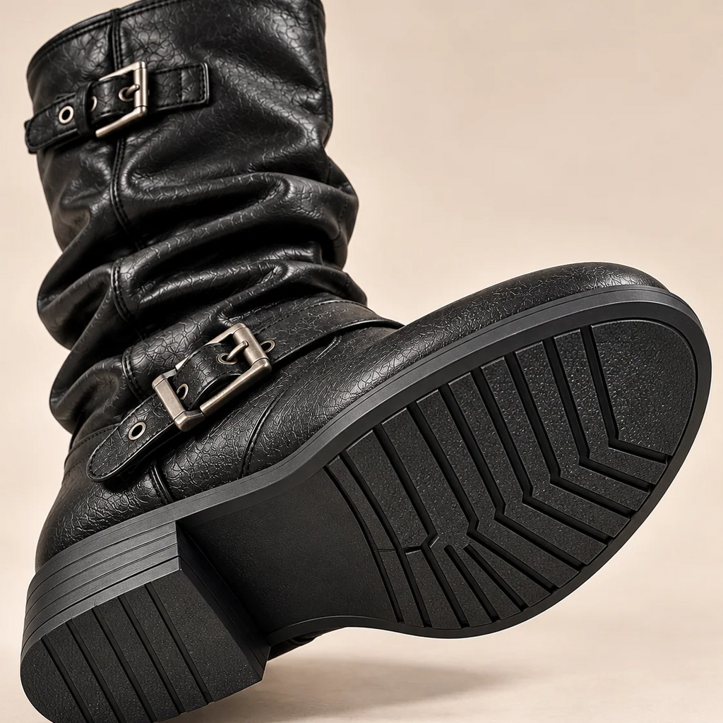 Slouchy Buckle Strap Round Toe Low Heel Mid-Calf Boots