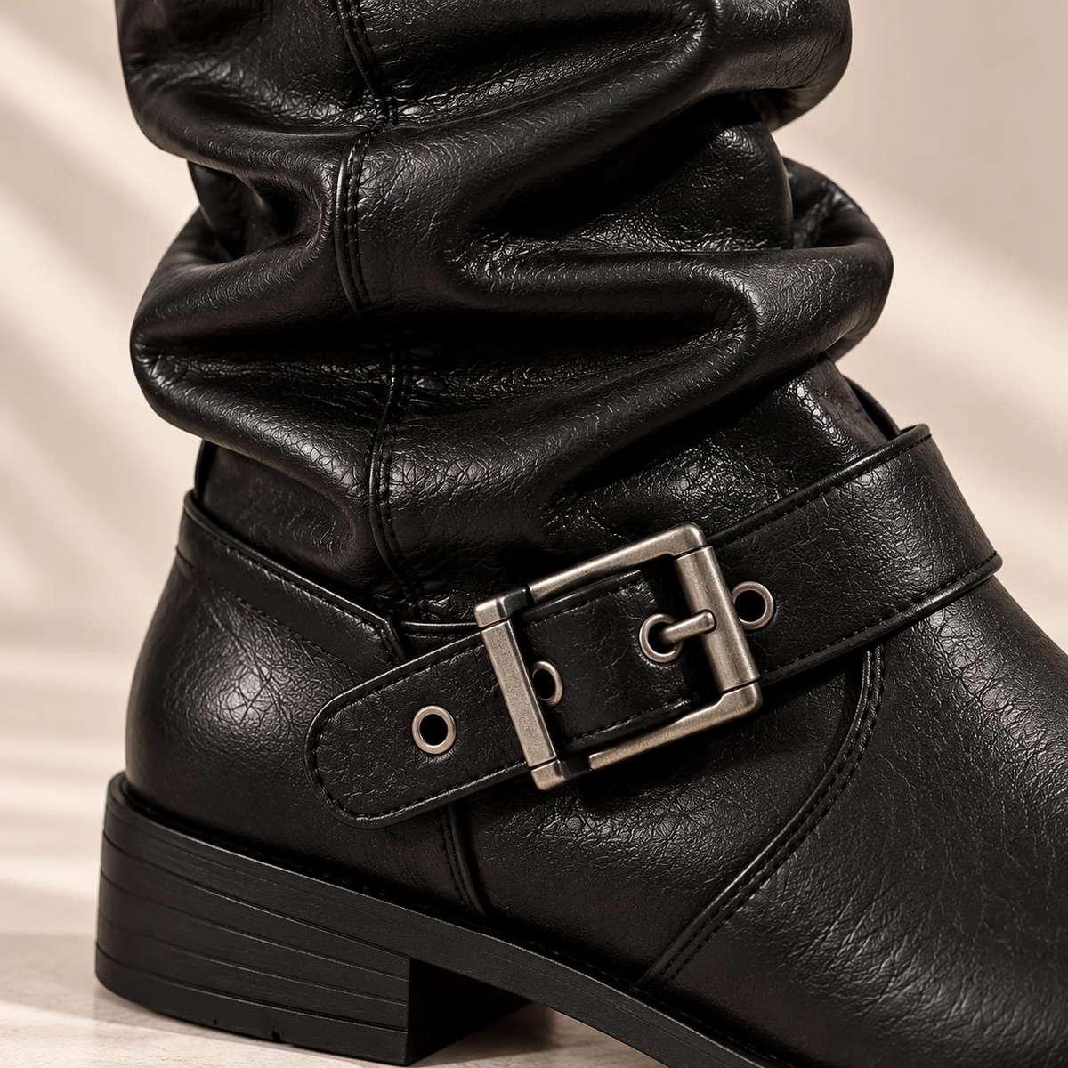 Slouchy Buckle Strap Round Toe Low Heel Mid-Calf Boots