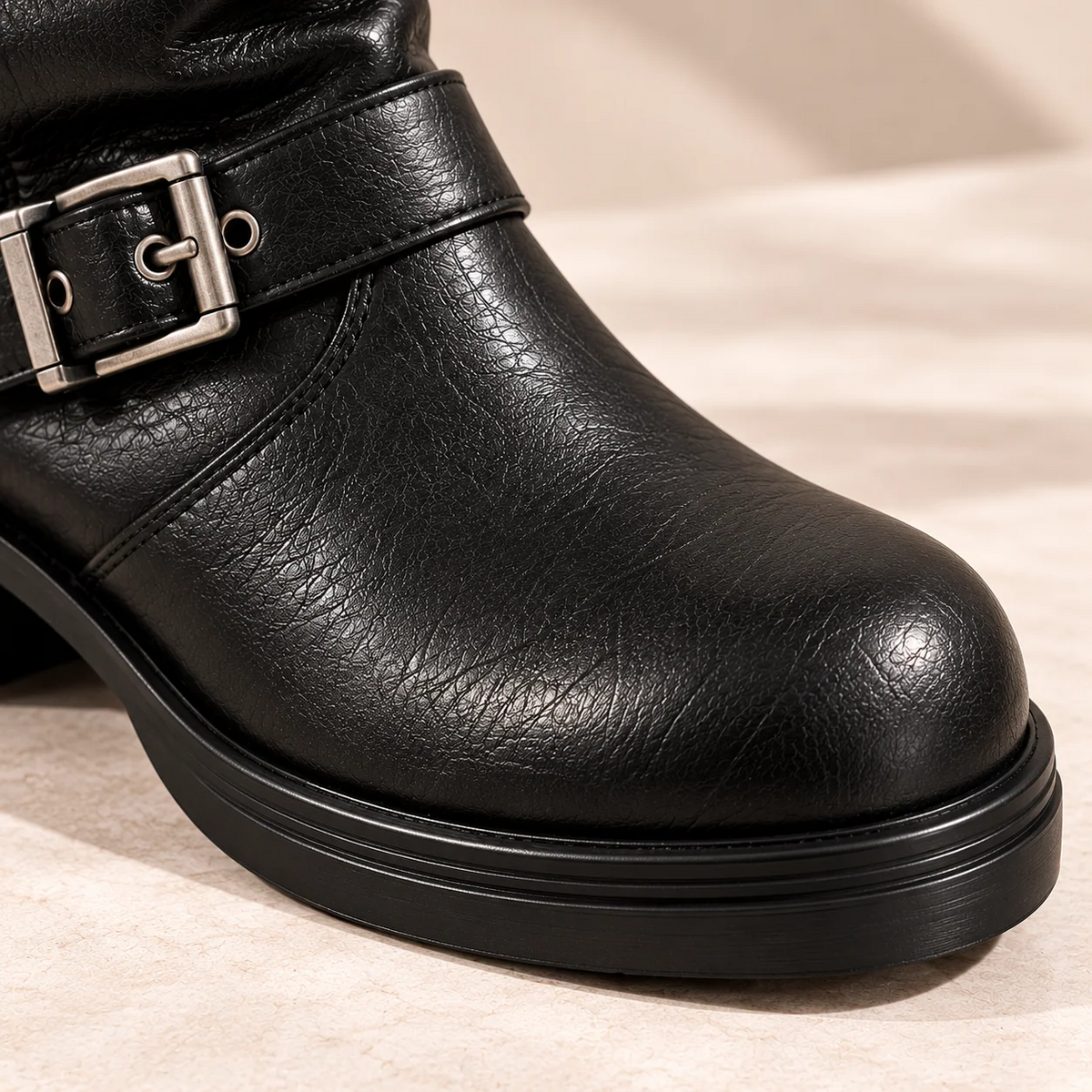 Slouchy Buckle Strap Round Toe Low Heel Mid-Calf Boots