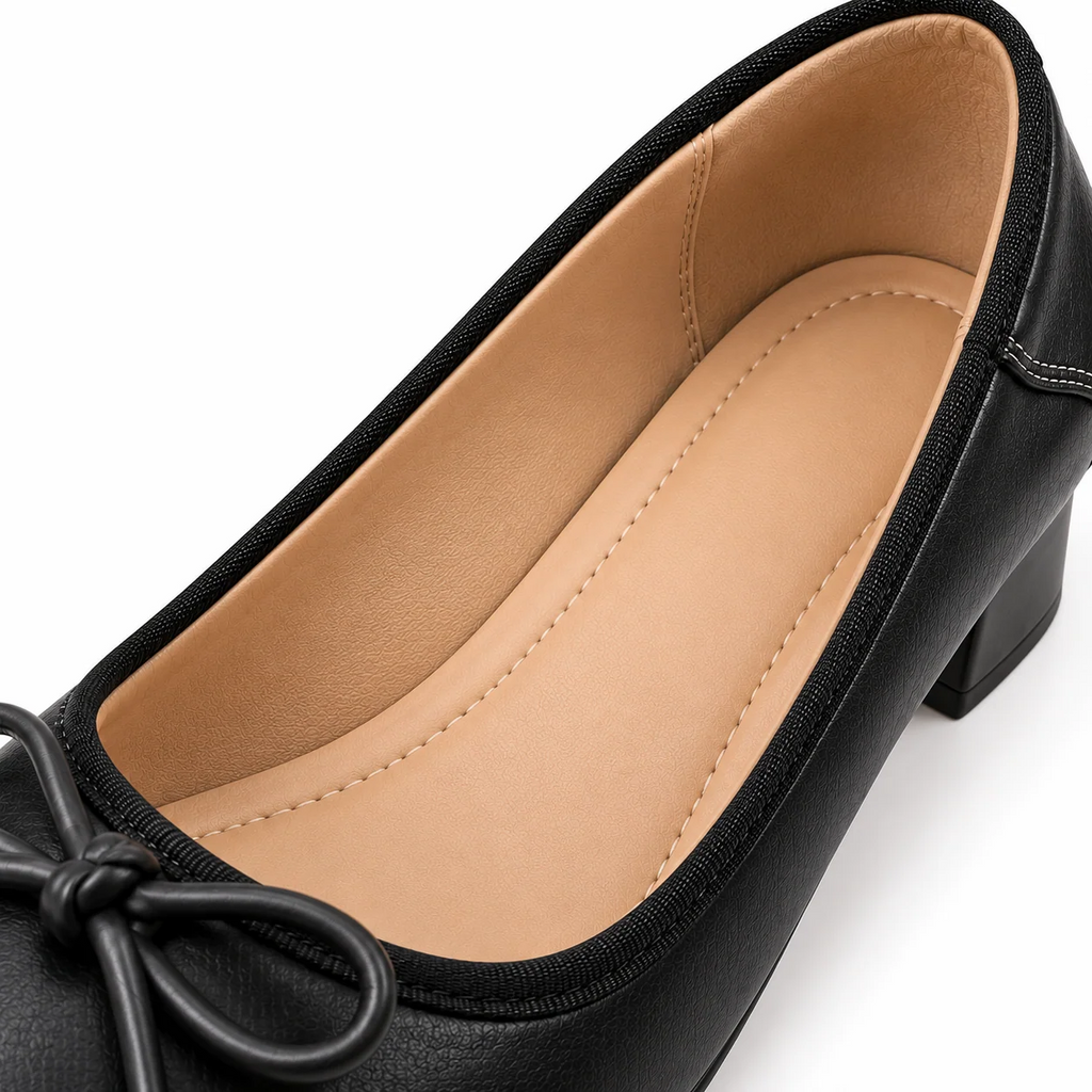Square Toe Bow Decor Soft Leather Chunky Block Heel Pumps