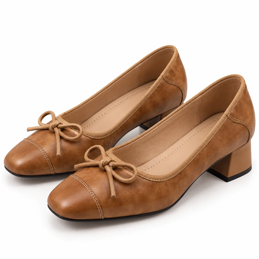 Square Toe Bow Decor Soft Leather Chunky Block Heel Pumps