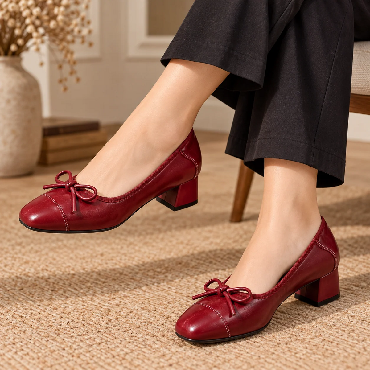Square Toe Bow Decor Soft Leather Chunky Block Heel Pumps