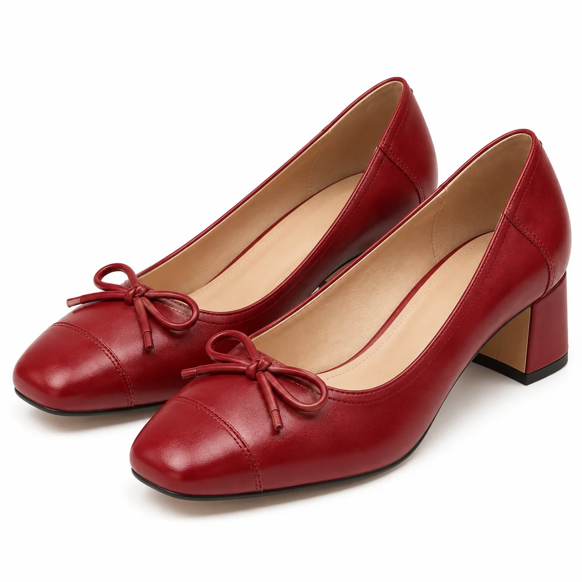 Square Toe Bow Decor Soft Leather Chunky Block Heel Pumps