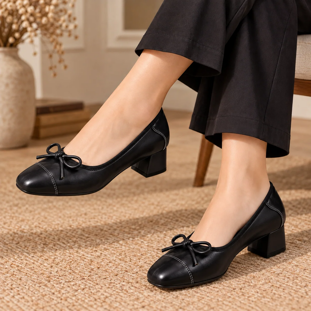 Square Toe Bow Decor Soft Leather Chunky Block Heel Pumps