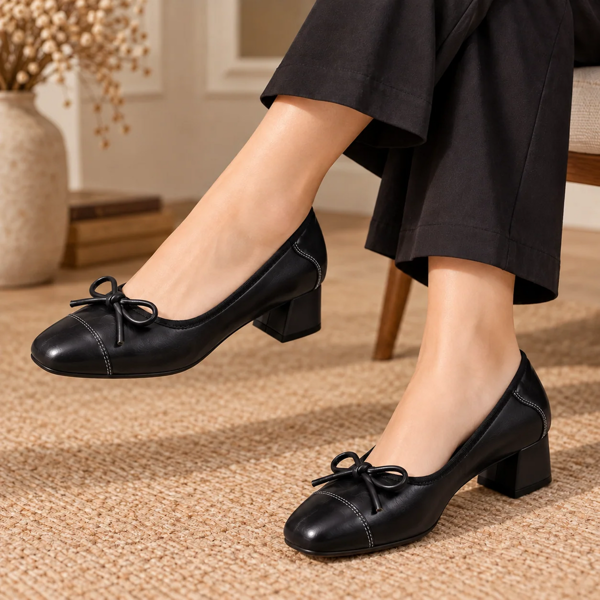 Square Toe Bow Decor Soft Leather Chunky Block Heel Pumps