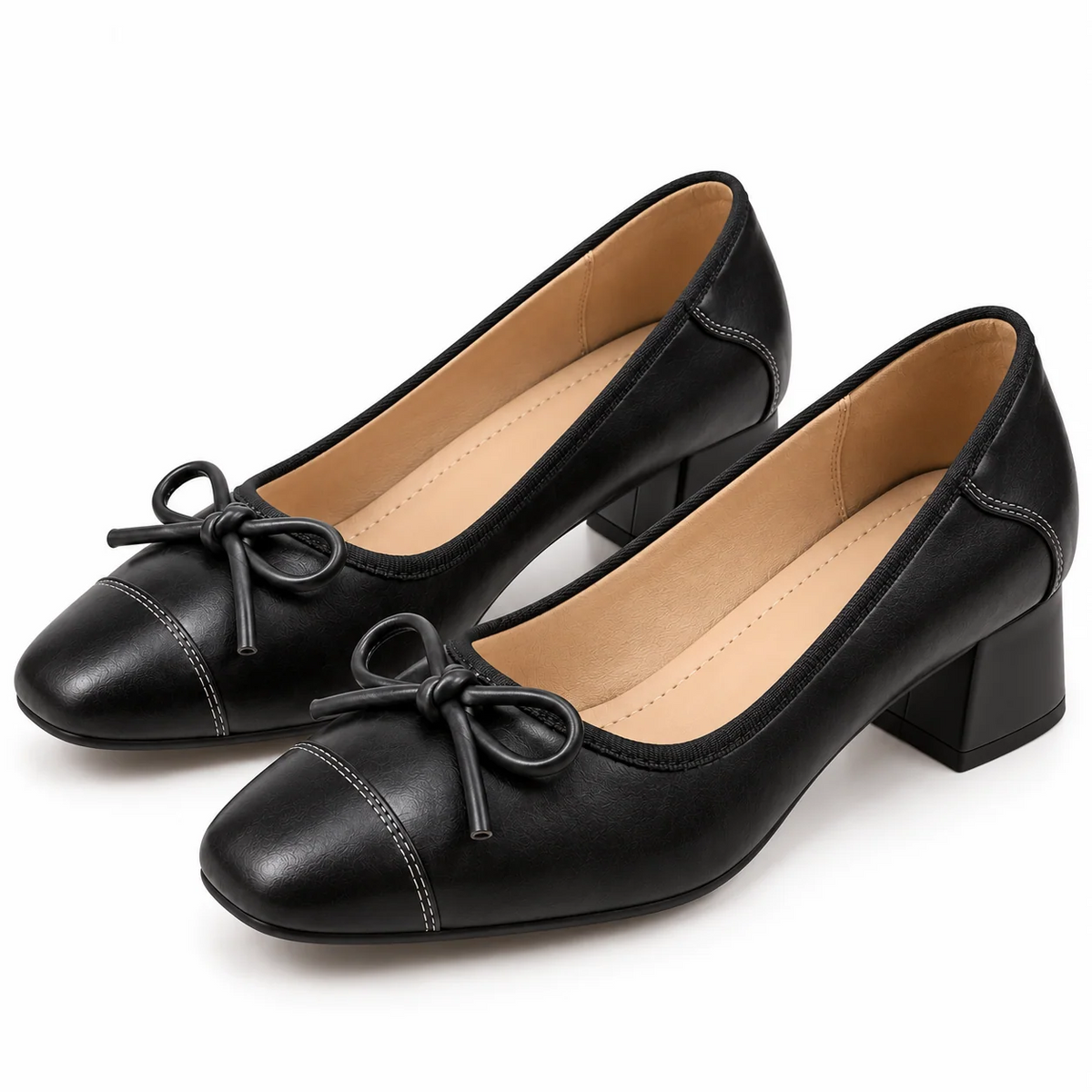 Square Toe Bow Decor Soft Leather Chunky Block Heel Pumps