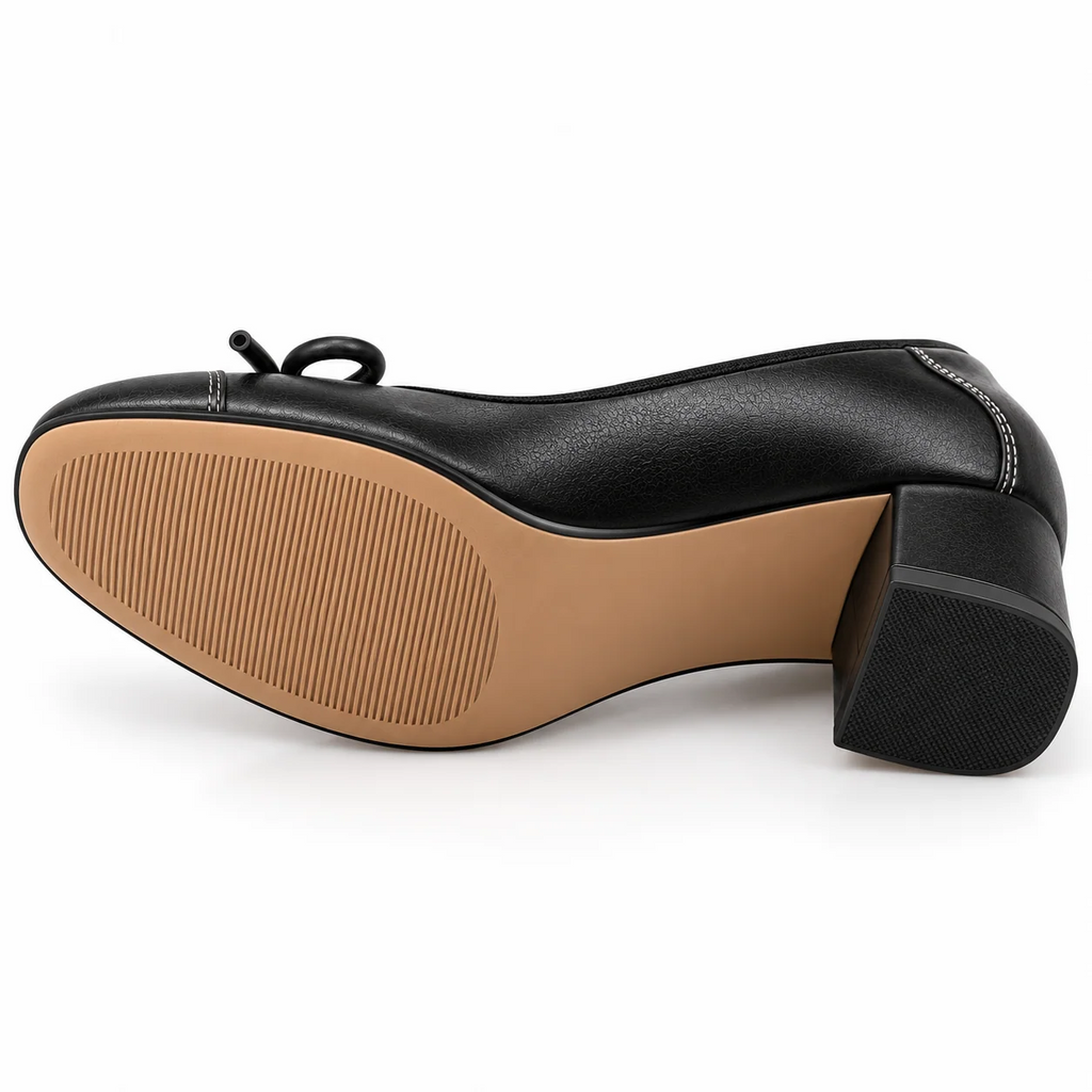 Square Toe Bow Decor Soft Leather Chunky Block Heel Pumps