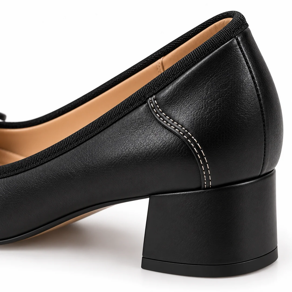 Square Toe Bow Decor Soft Leather Chunky Block Heel Pumps