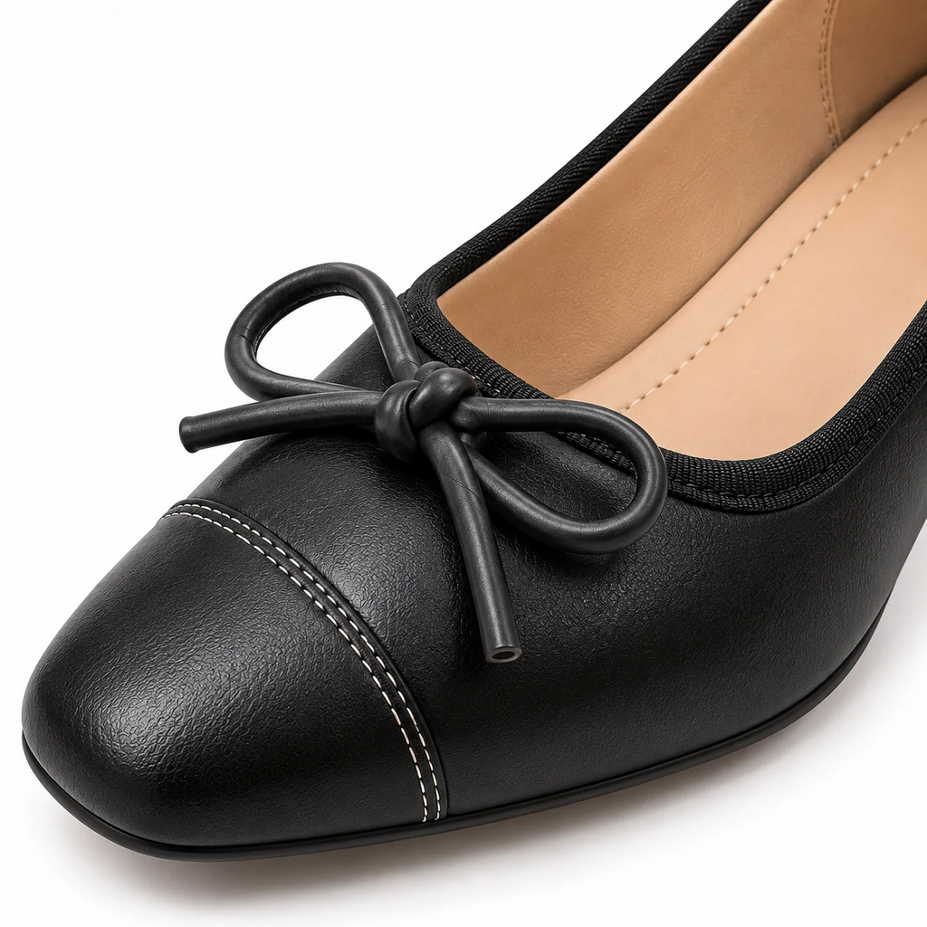 Square Toe Bow Decor Soft Leather Chunky Block Heel Pumps