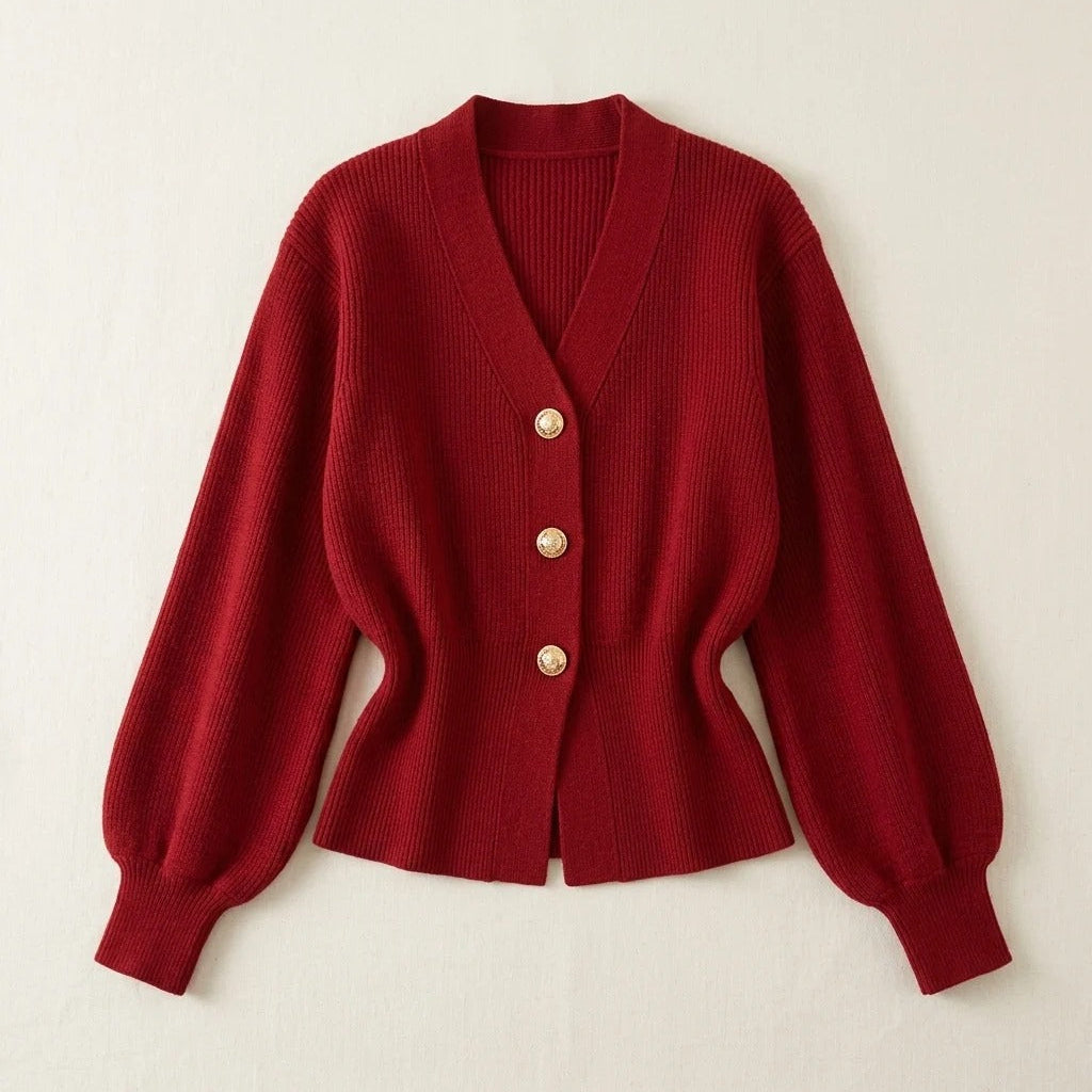 V-Neck Cinched Waist Knit Cardigan With Button Front
