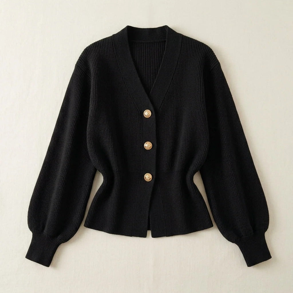 V-Neck Cinched Waist Knit Cardigan With Button Front